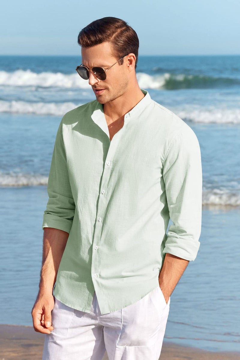 Makkrom Men Linen Shirt Button Down Long Sleeve Cotton Beach Band Collar Casual Summer Shirts - Image 3